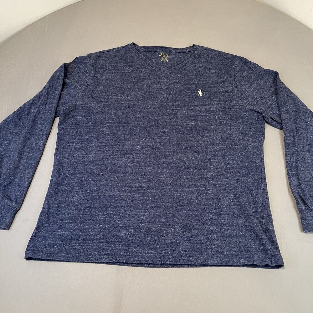 Polo Ralph Lauren Shirt Mens Large V Neck Blue White Pony Long Sleeve Preppy